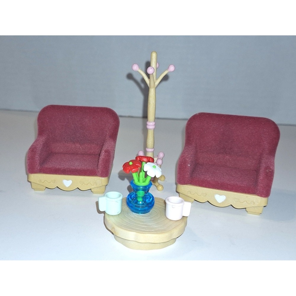 Calico Critters Sullivan Living Room Furniture Set Maroon Chairs Table Coat Rack